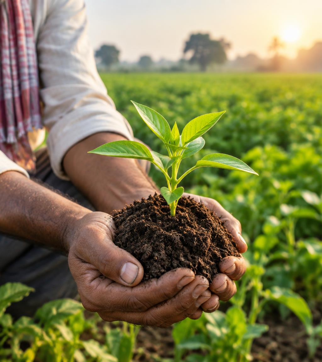 Farmer holding healthy soil and a young plant